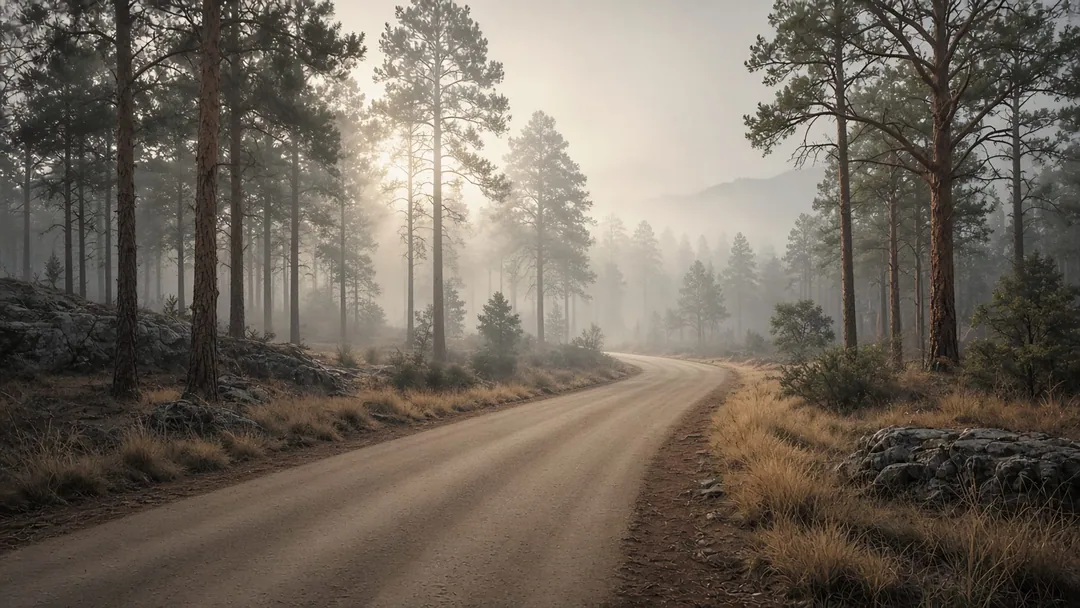 Camino forestal estabilizado que se curva entre pinos de la Sierra de Durango, con la luz de la mañana entre la neblina.