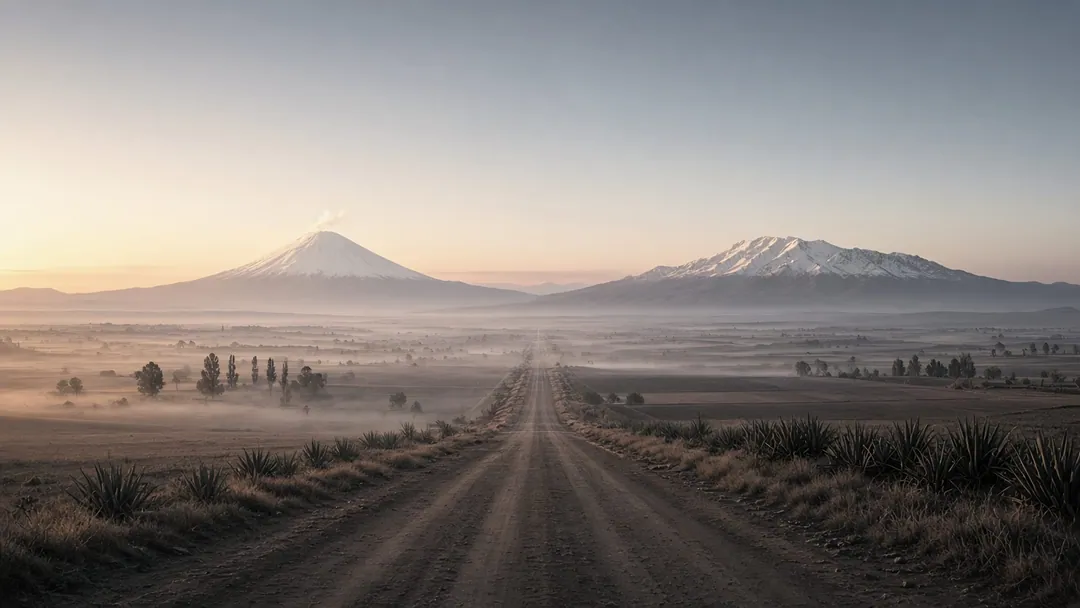 Camino recto de terracería que cruza un valle con neblina hacia el Popocatépetl y el Iztaccíhuatl, al amanecer, entre magueyes.