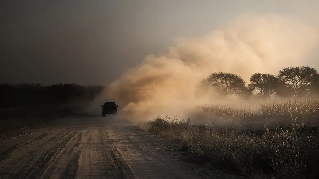 Camioneta que levanta una nube de polvo en un camino de tierra sin tratar, a contraluz junto a un campo seco y mezquites.