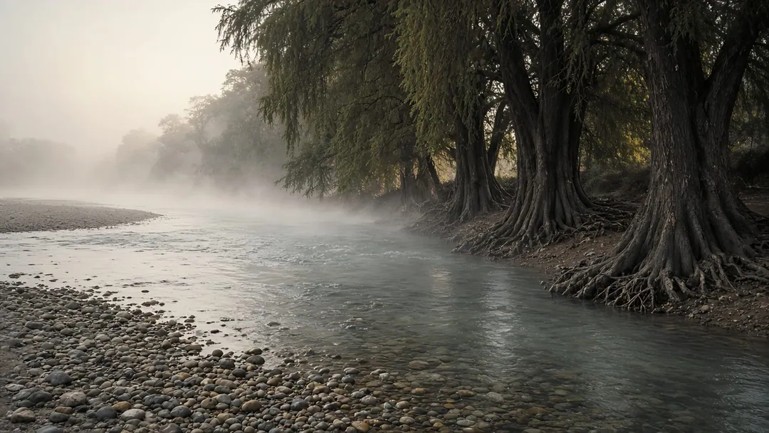 Río de aguas claras con orillas de grava intactas y sabinos centenarios entre la neblina de la mañana.