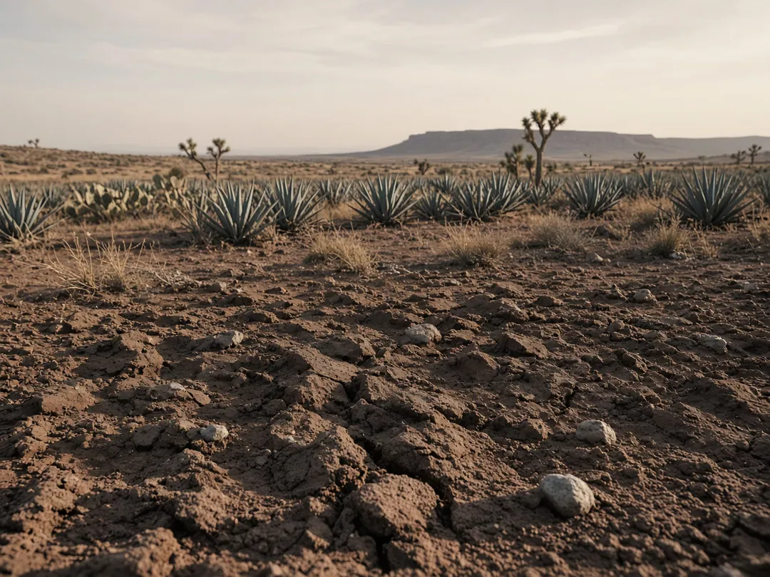 Suelo arcilloso rojizo y agrietado del altiplano, con agaves, nopales y yucas frente a una mesa en el horizonte.