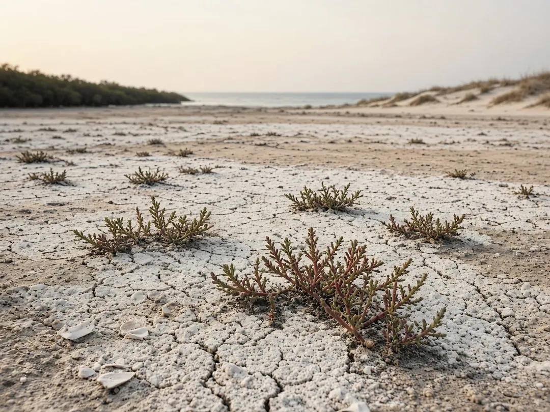 Suelo arenoso y salino de la costa del Pacífico: costra de sal agrietada con salicornias, dunas y manglar frente al mar.